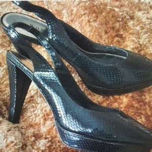 WHBM black snake print sling back heels